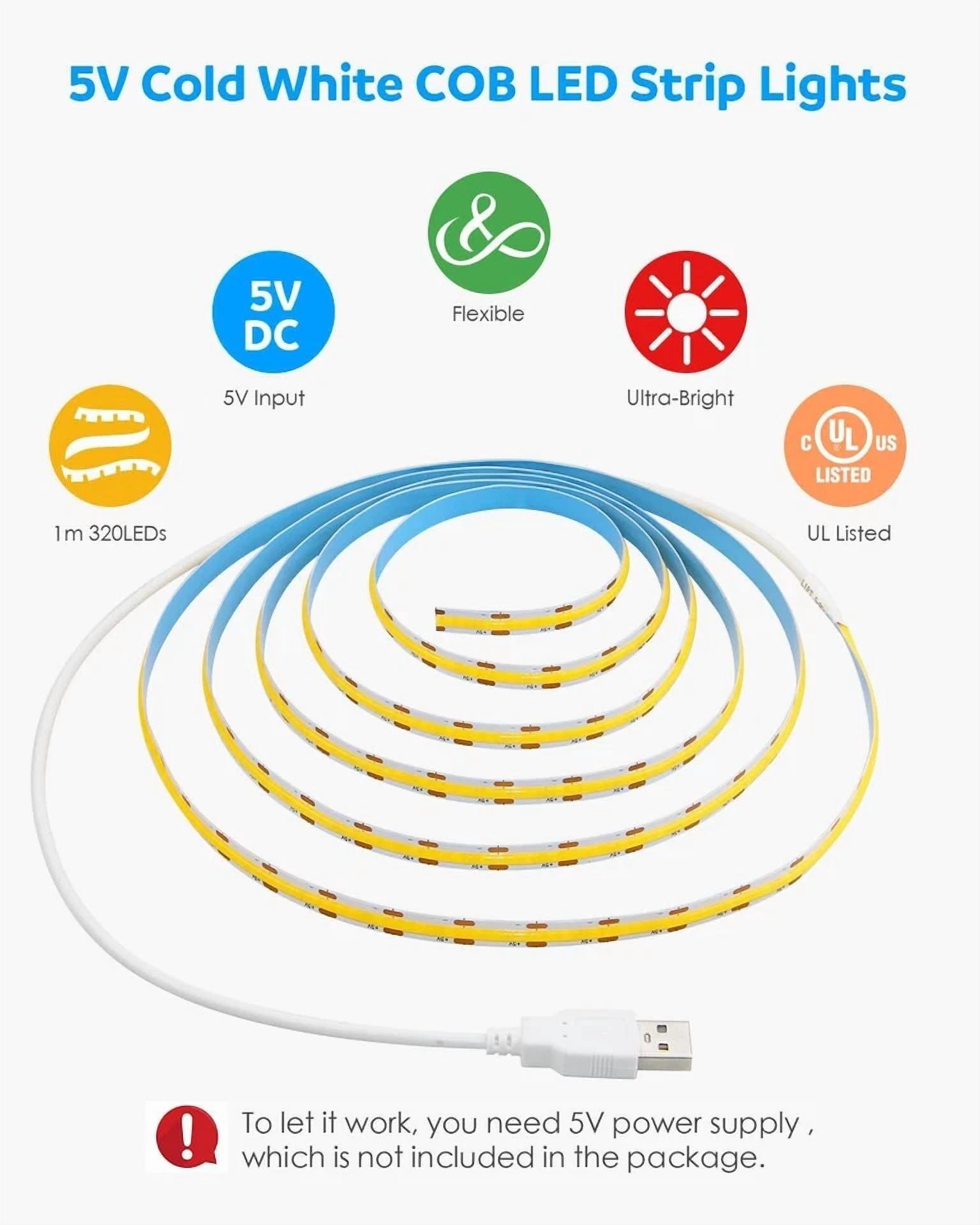 Usb Cob Led Strip Light, 5V 6000K Daylight, 1M 320 Leds, For Tv, Kitchen, Shelf - Image 4