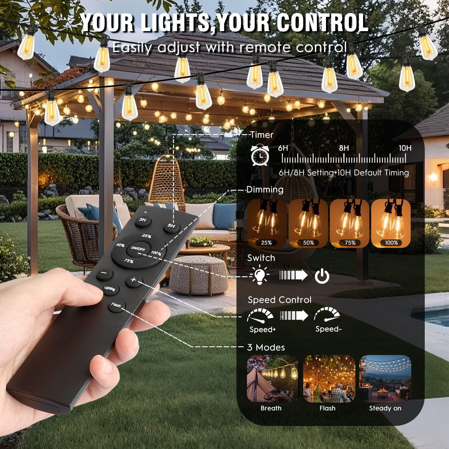 100FT Solar String Lights Outdoor Waterproof, Patio Lights with Remote Control & 30+2 Dimmable ST38 Edison Bulbs Shatterproof,Solar Powered String Lights for Outside Garden Backyard - Image 7