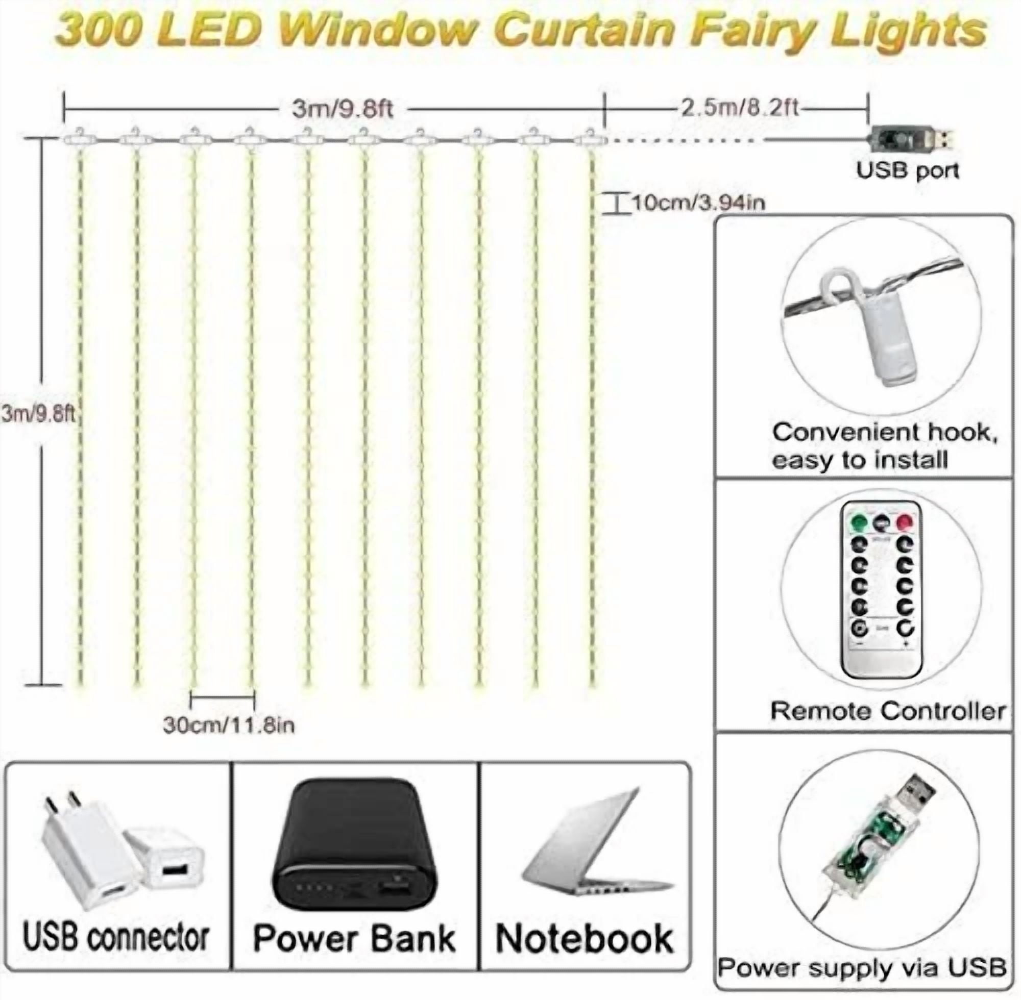 300 Led Curtain Fairy String Lights Usb Twinkle Window Party Wedding With Remote - Image 6