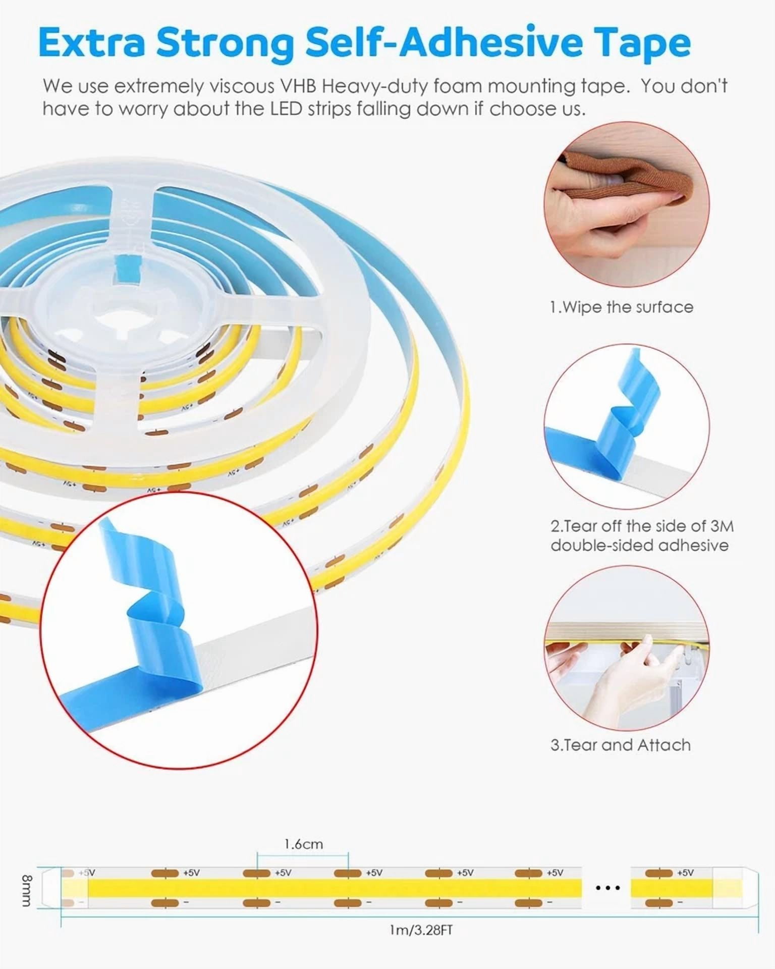Usb Cob Led Strip Light, 5V 6000K Daylight, 1M 320 Leds, For Tv, Kitchen, Shelf - Image 6