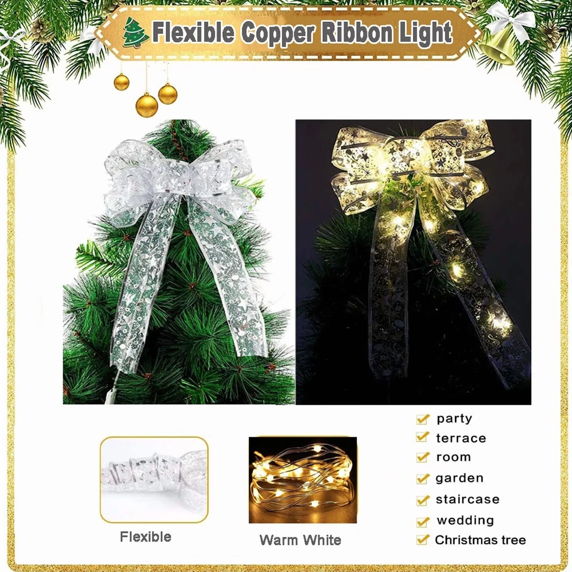 13Ft Led Ribbon Fairy String Lights Gift Wraps Christmas Tree Party Decoration - Image 4
