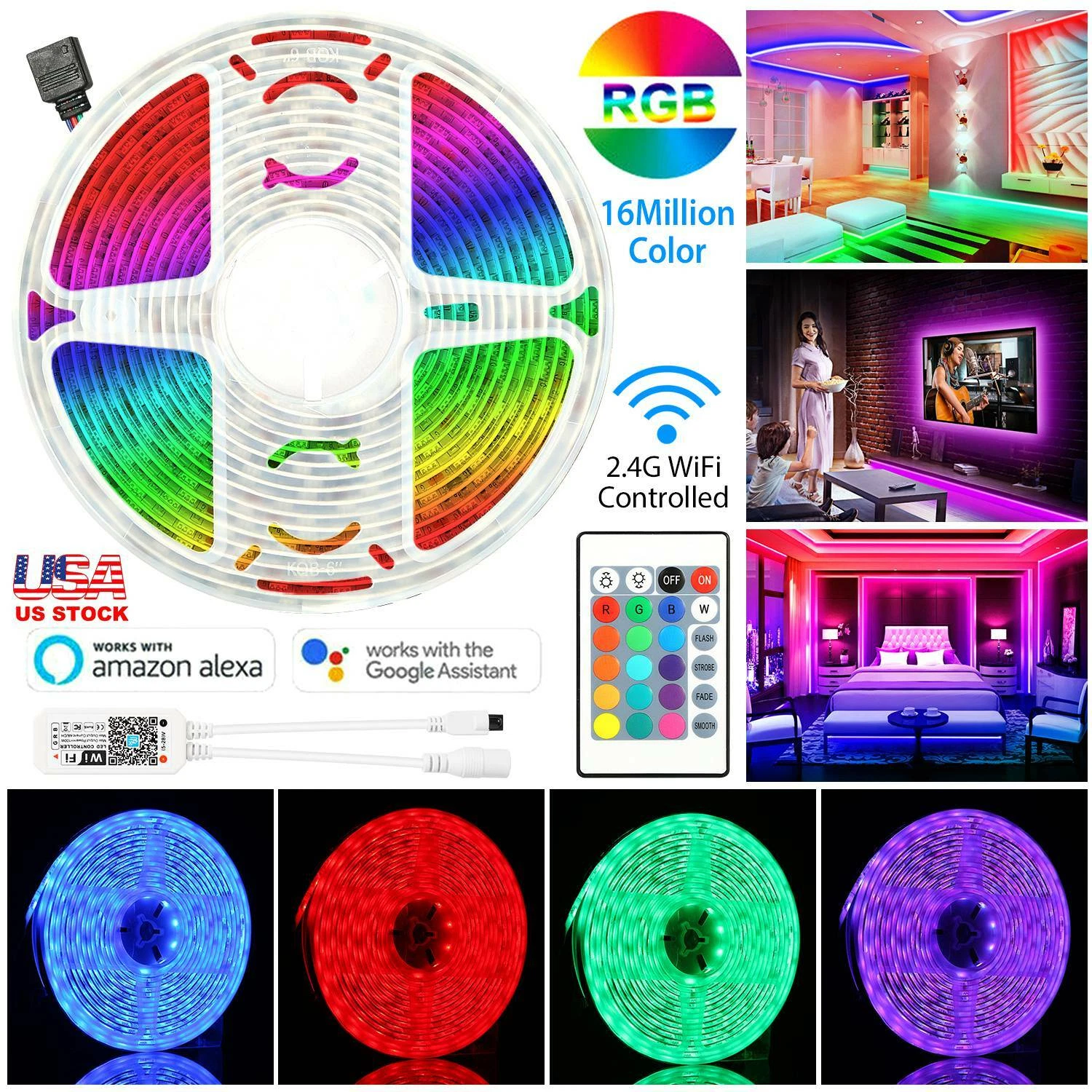 Wifi Smart Led Strip Light 5M/16Ft 5050 Rgb Color Changing Remote For Rooms Bar