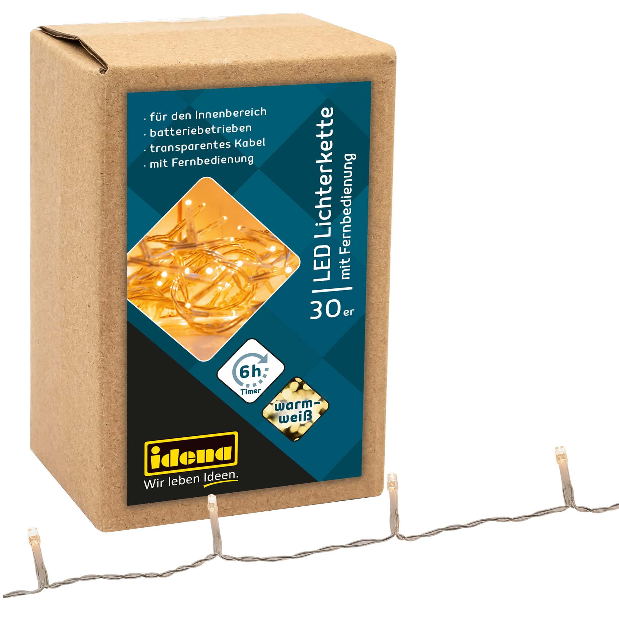 Idena 31602 LED Fairy Lights with 30 LEDs in Warm White, 6 Hour Timer Function, Battery Operate