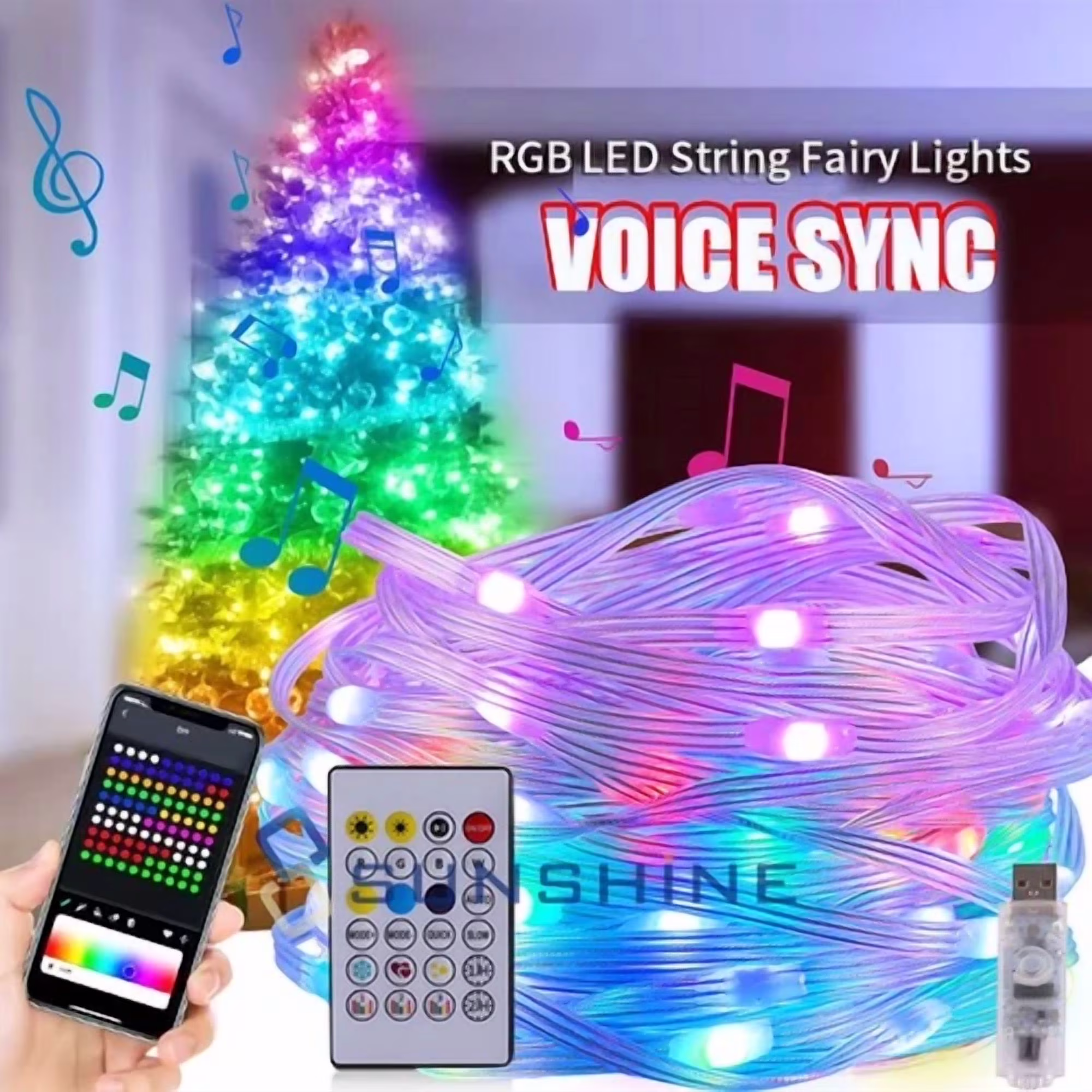 Led Strip Lights 100Led 33Ft Bluetooth Room Lighting Rgb Voice Sync App Remote