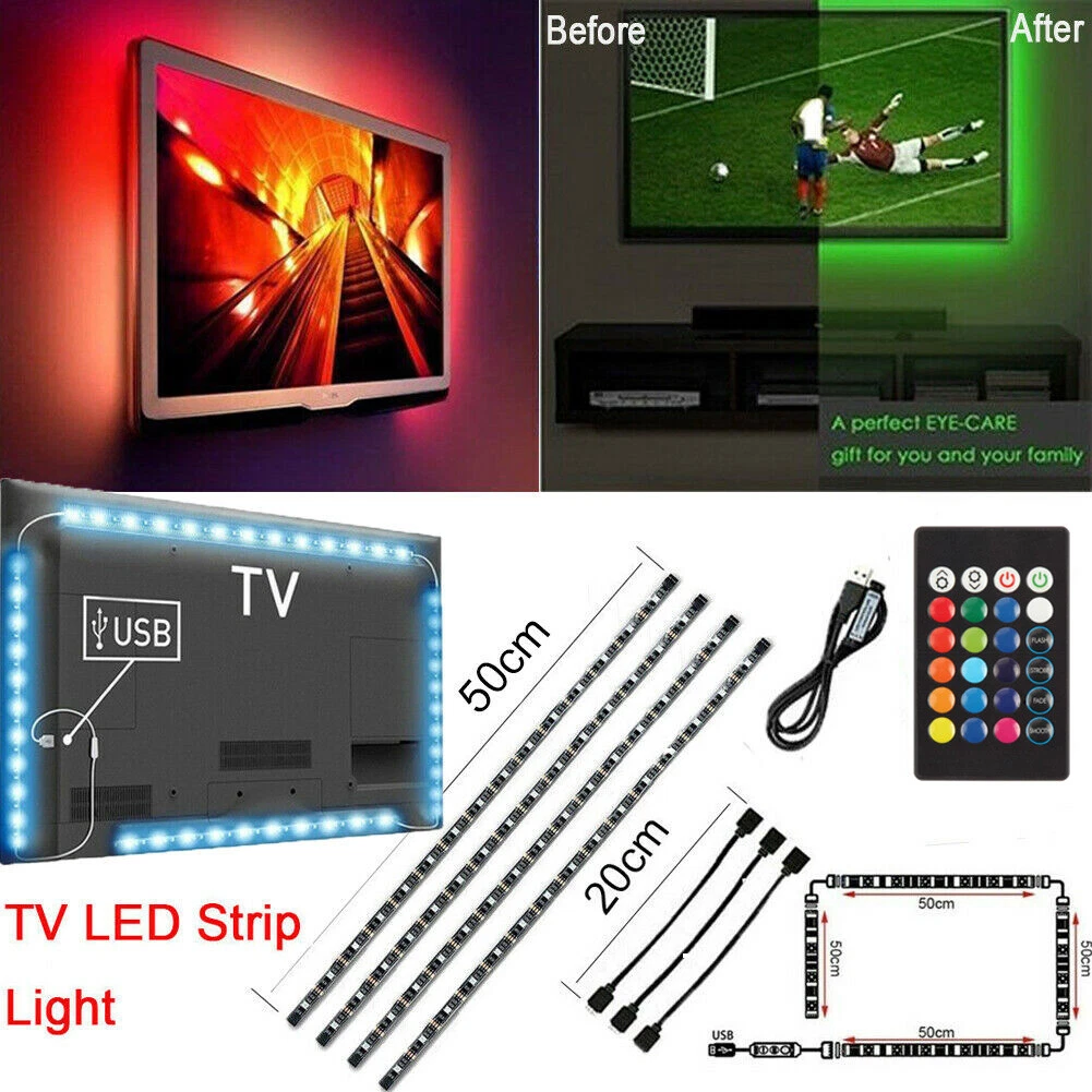 Tv Led Backlight 4 X 50Cm Usb Rgb 5050 Strip Light Remote Kit 5V 30Leds/M