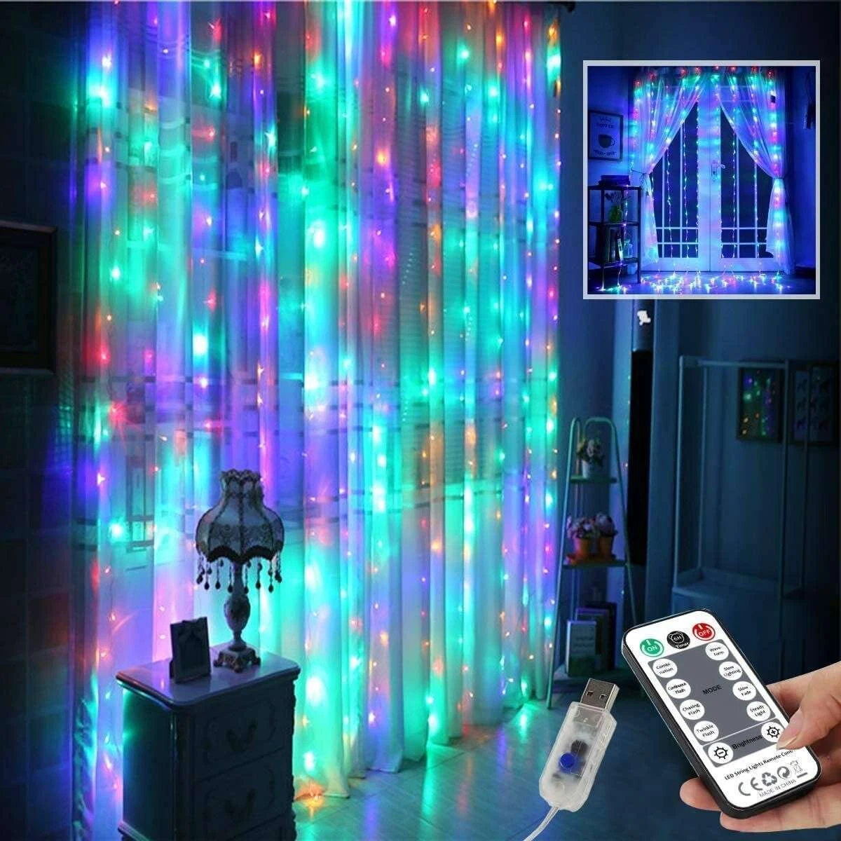 ZYLER- 300 Led Curtain Fairy Lights Usb String Light W/ Remote Party Wedding Christmas