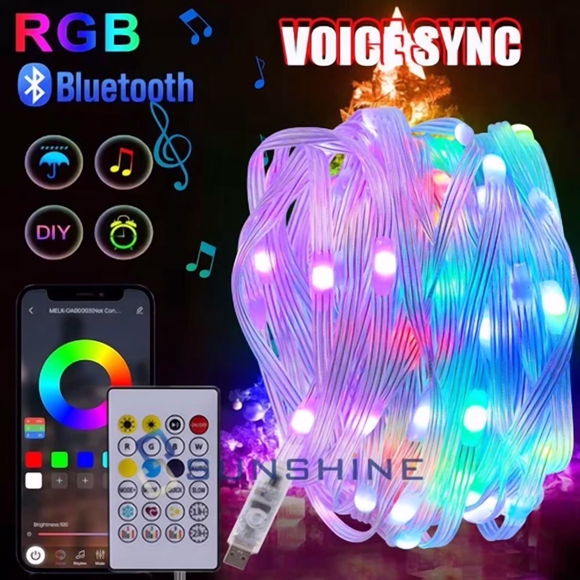 32Ft 100Led Light For Bedroom Music Sync Color Changing Rgb Led Strip Rope Light