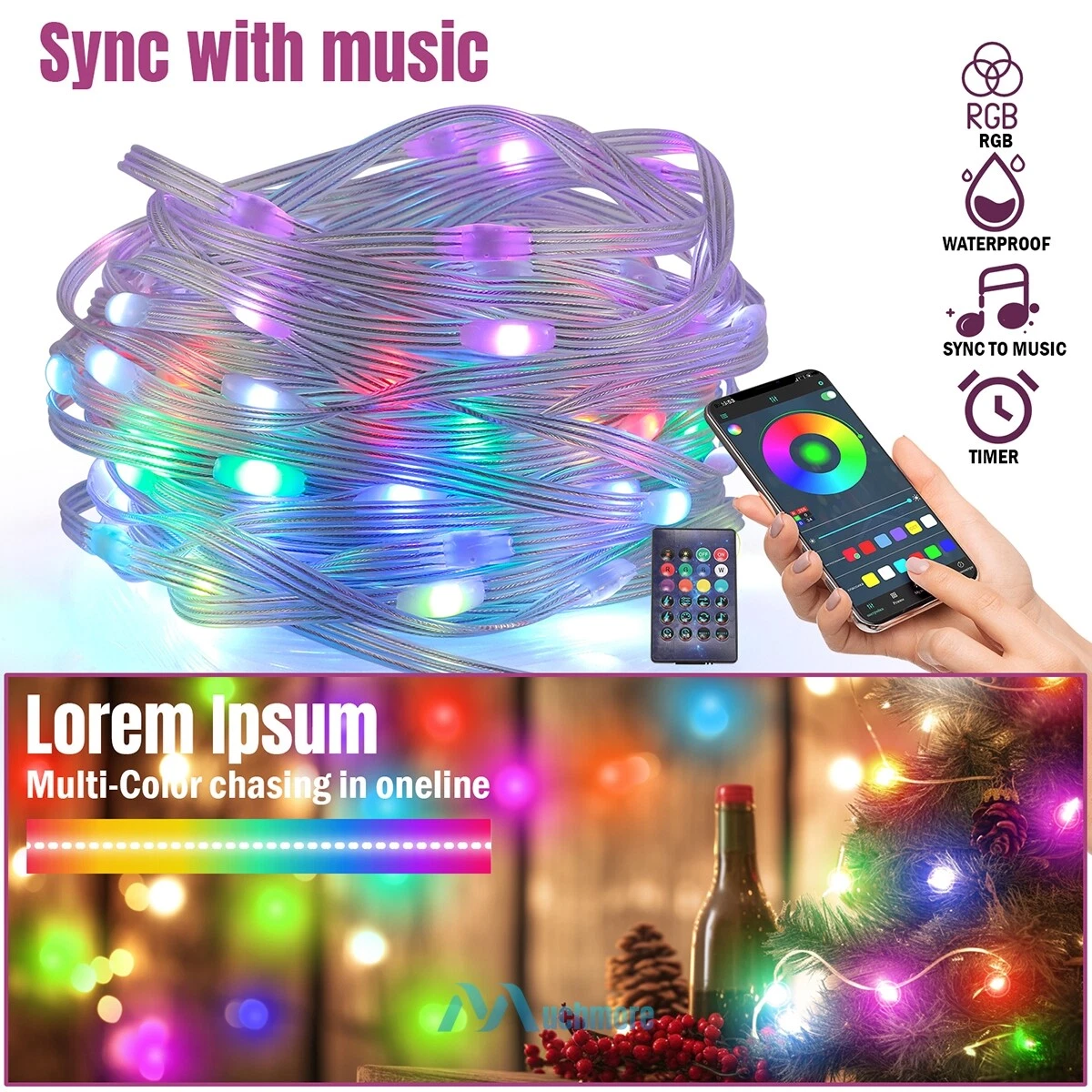 33Ft/10M Waterproof Led Rope Strip Light Multi-Color Music Sync Lamp W/ Remote