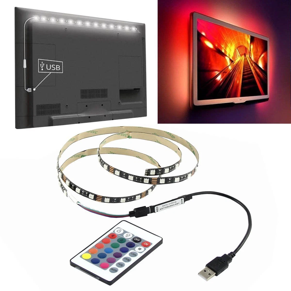 5V 5050 60Smd/M Rgb Led Strip Light Bar Tv Back Lighting Kit+Usb Remote Control